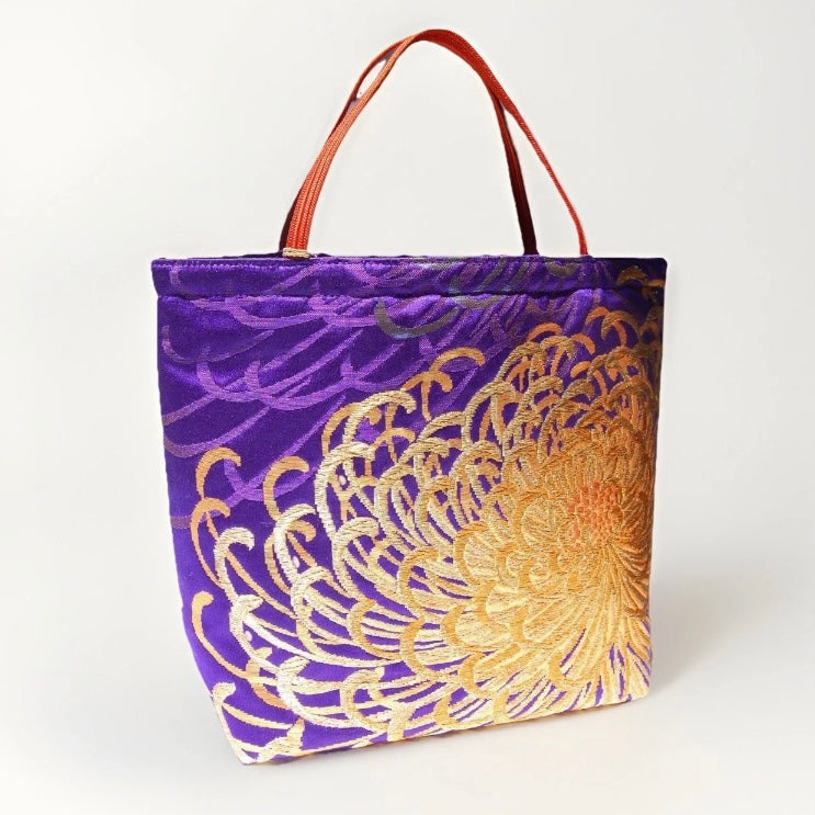 Rangiku 乱菊 Chrysanthemum Vintage Obi Silk Tote in Violet Gold