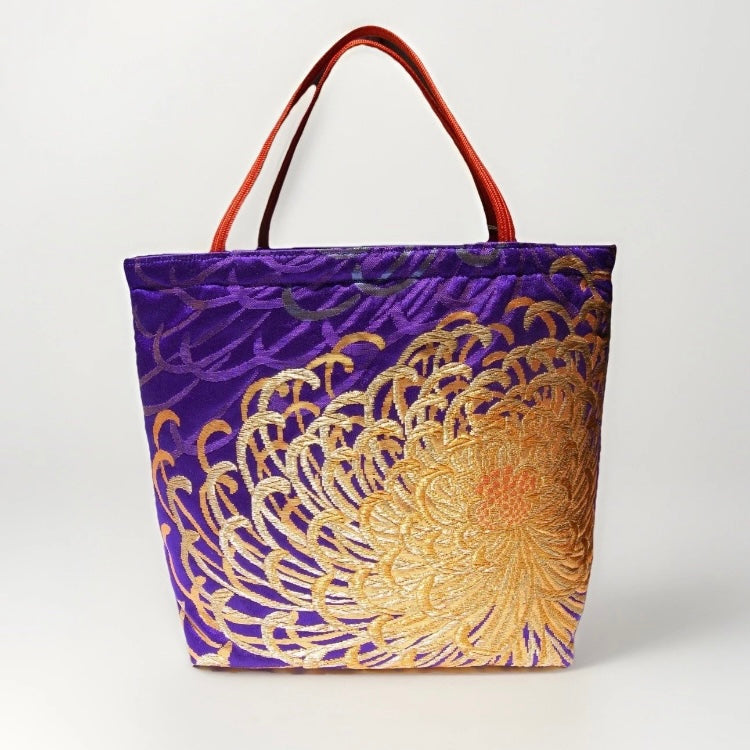 Rangiku 乱菊 Chrysanthemum Vintage Obi Silk Tote in Violet Gold