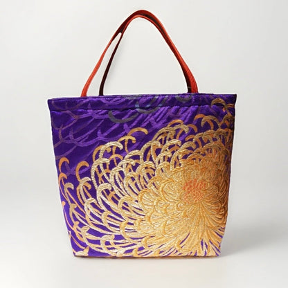 Rangiku 乱菊 Chrysanthemum Vintage Obi Silk Tote in Violet Gold