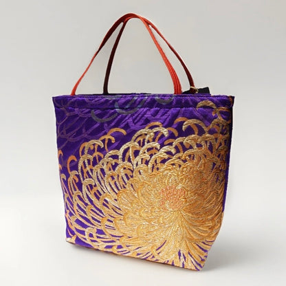 Rangiku 乱菊 Chrysanthemum Vintage Obi Silk Tote in Violet Gold