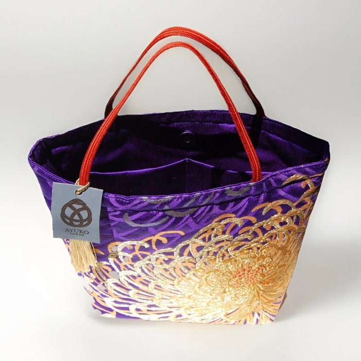 Rangiku 乱菊 Chrysanthemum Vintage Obi Silk Tote in Violet Gold