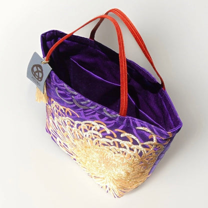 Rangiku 乱菊 Chrysanthemum Vintage Obi Silk Tote in Violet Gold