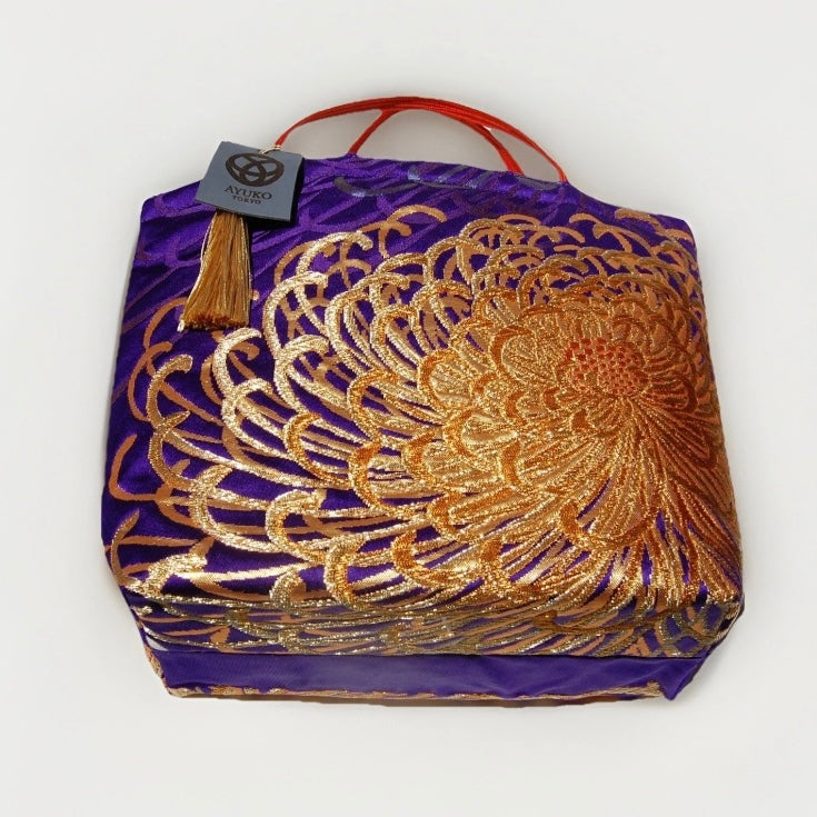 Rangiku 乱菊 Chrysanthemum Vintage Obi Silk Tote in Violet Gold