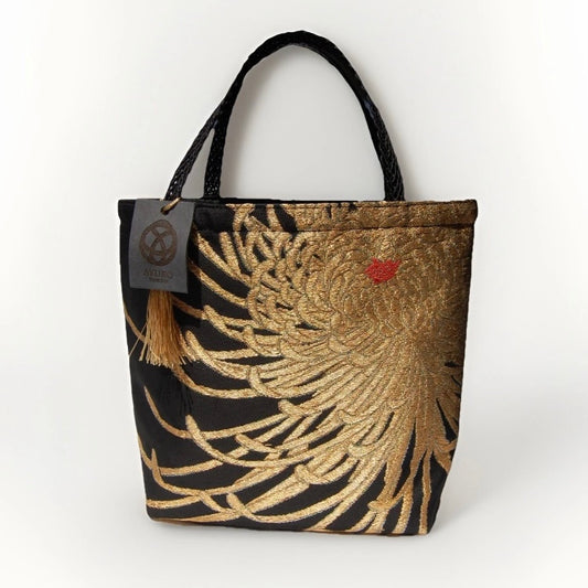 Rangiku Chrysanthemum Vintage Obi Silk Tote in Black Gold
