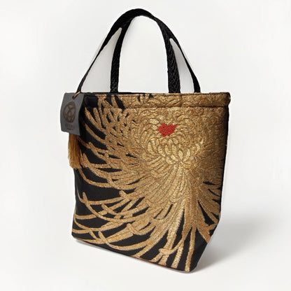 Rangiku Chrysanthemum Vintage Obi Silk Tote in Black Gold