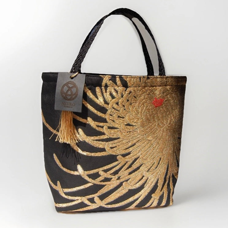 Rangiku Chrysanthemum Vintage Obi Silk Tote in Black Gold