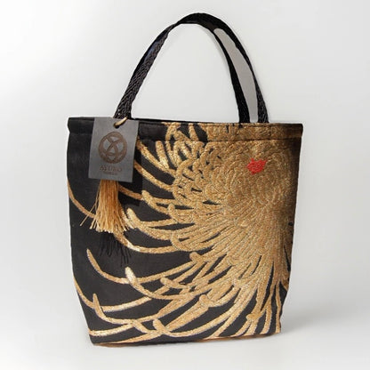 Rangiku Chrysanthemum Vintage Obi Silk Tote in Black Gold