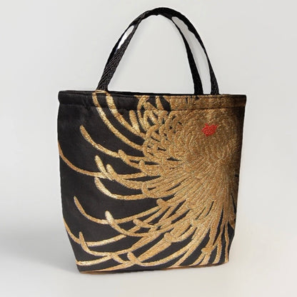 Rangiku Chrysanthemum Vintage Obi Silk Tote in Black Gold