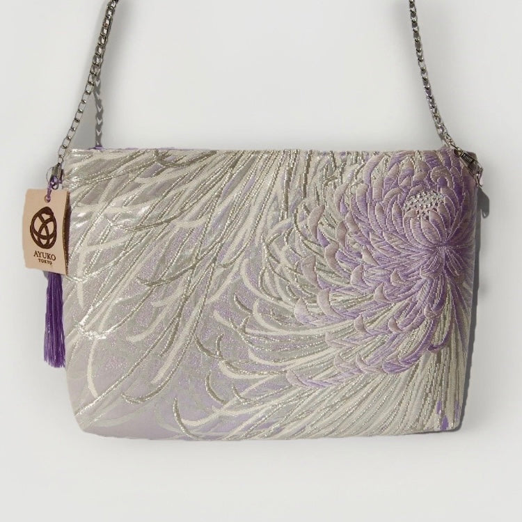 Vintage Fukuro Obi Shoulder Bag — Lavender Silver Ran-Giku Silk