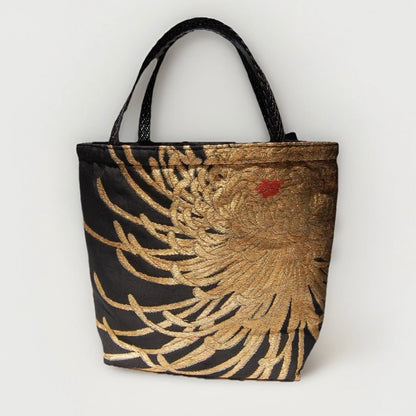 Rangiku Chrysanthemum Vintage Obi Silk Tote in Black Gold