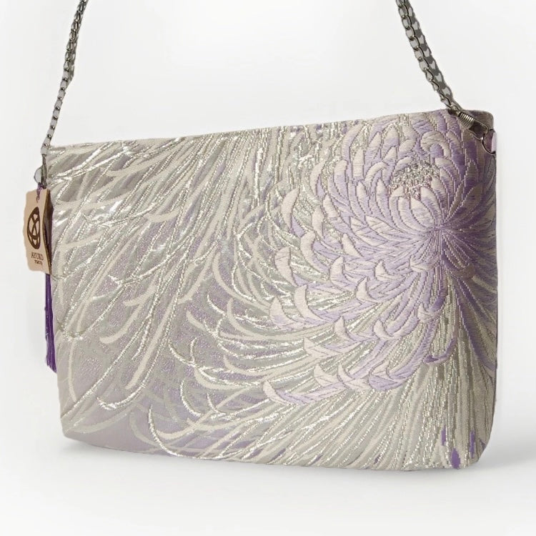 Vintage Fukuro Obi Shoulder Bag — Lavender Silver Ran-Giku Silk