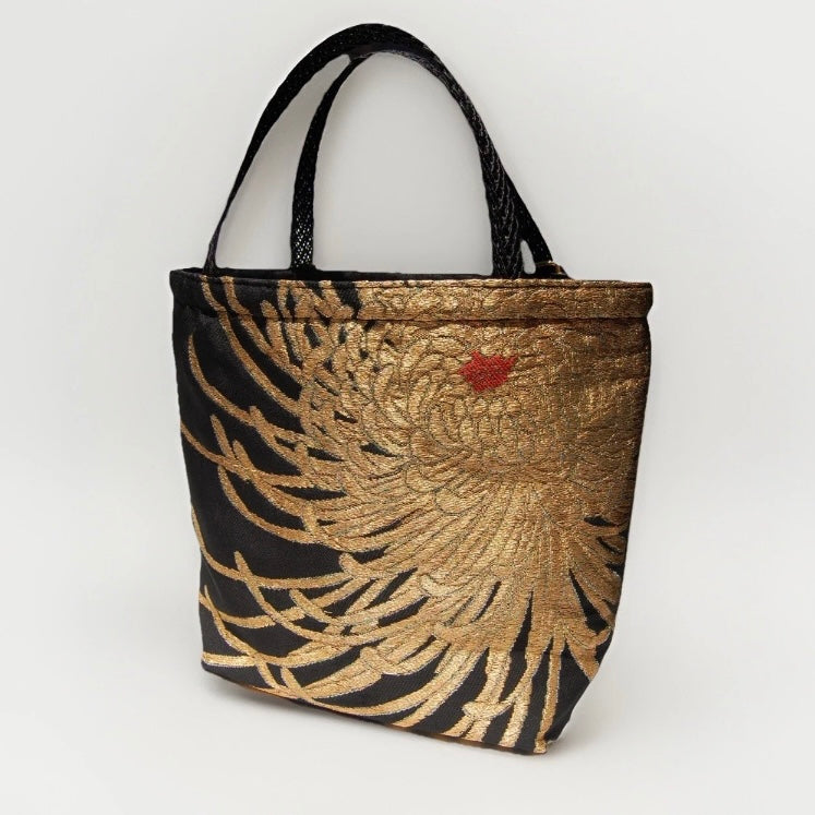 Rangiku Chrysanthemum Vintage Obi Silk Tote in Black Gold