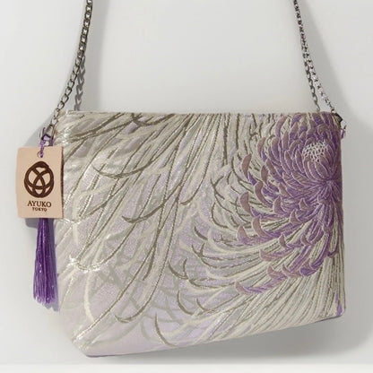 Vintage Fukuro Obi Shoulder Bag — Lavender Silver Ran-Giku Silk