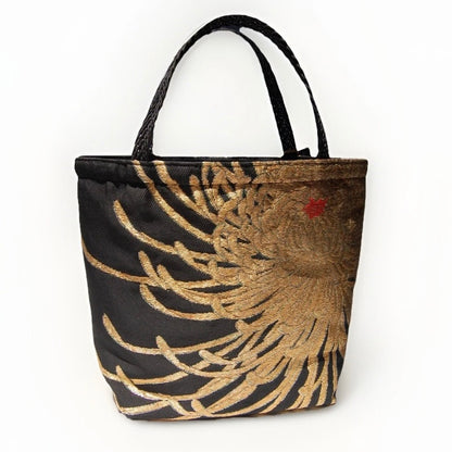 Rangiku Chrysanthemum Vintage Obi Silk Tote in Black Gold