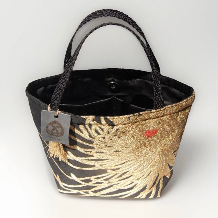 Rangiku Chrysanthemum Vintage Obi Silk Tote in Black Gold