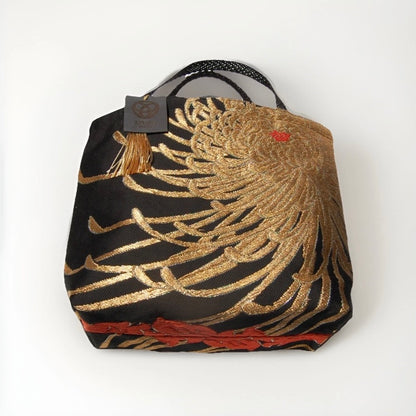 Rangiku Chrysanthemum Vintage Obi Silk Tote in Black Gold