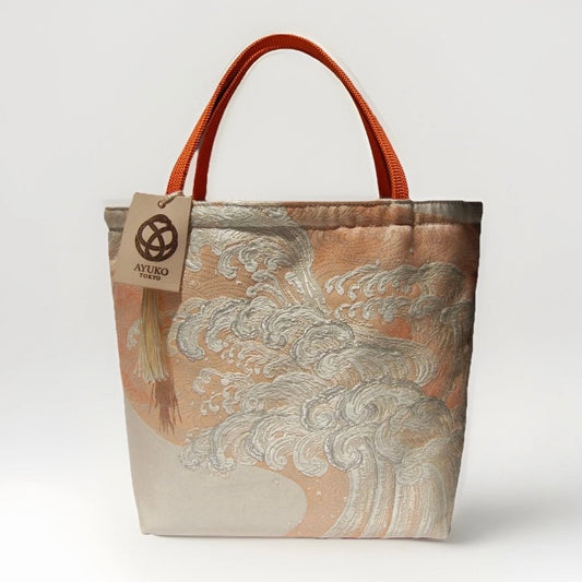 Vintage Fukuro Obi Mini Tote Bag — Silver Standing Wave on Pale Orange Silk