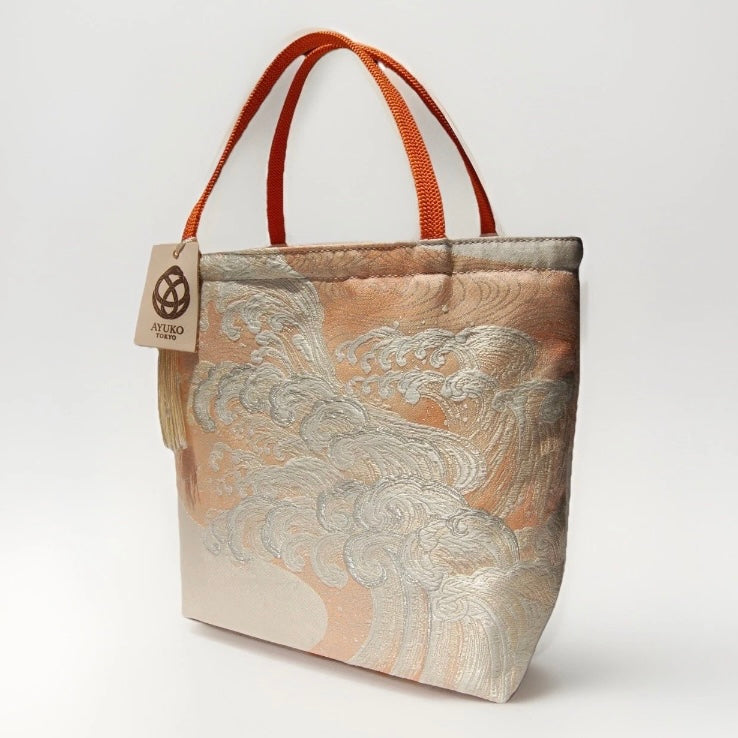 Vintage Fukuro Obi Mini Tote Bag — Silver Standing Wave on Pale Orange Silk