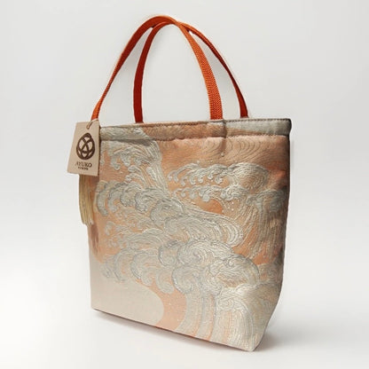 Vintage Fukuro Obi Mini Tote Bag — Silver Standing Wave on Pale Orange Silk