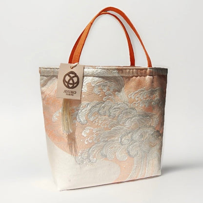 Vintage Fukuro Obi Mini Tote Bag — Silver Standing Wave on Pale Orange Silk