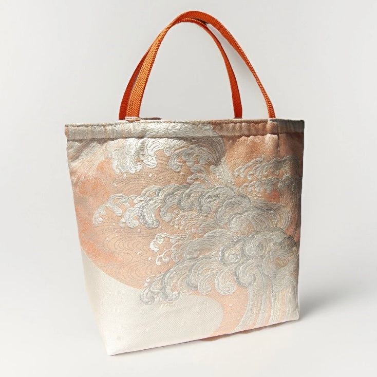 Vintage Fukuro Obi Mini Tote Bag — Silver Standing Wave on Pale Orange Silk