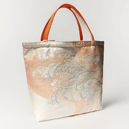 Vintage Fukuro Obi Mini Tote Bag — Silver Standing Wave on Pale Orange Silk