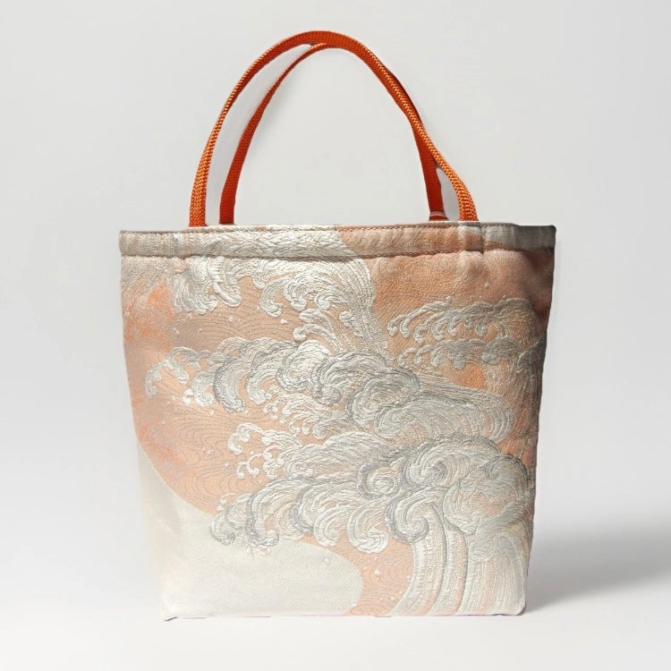 Vintage Fukuro Obi Mini Tote Bag — Silver Standing Wave on Pale Orange Silk
