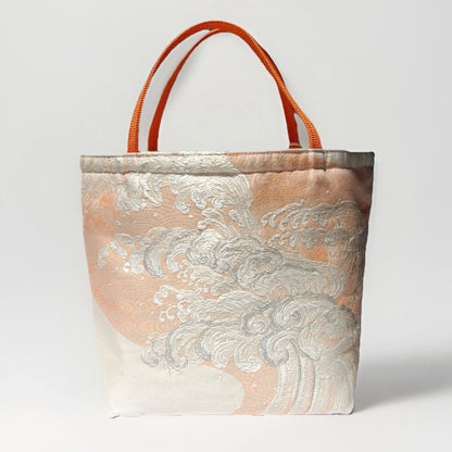 Vintage Fukuro Obi Mini Tote Bag — Silver Standing Wave on Pale Orange Silk