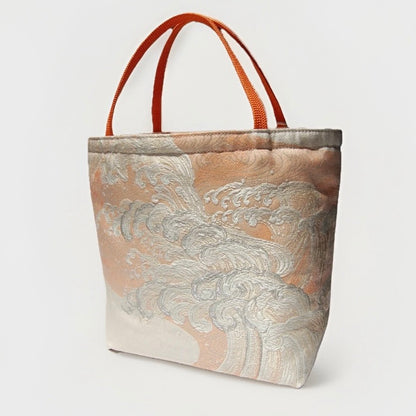 Vintage Fukuro Obi Mini Tote Bag — Silver Standing Wave on Pale Orange Silk