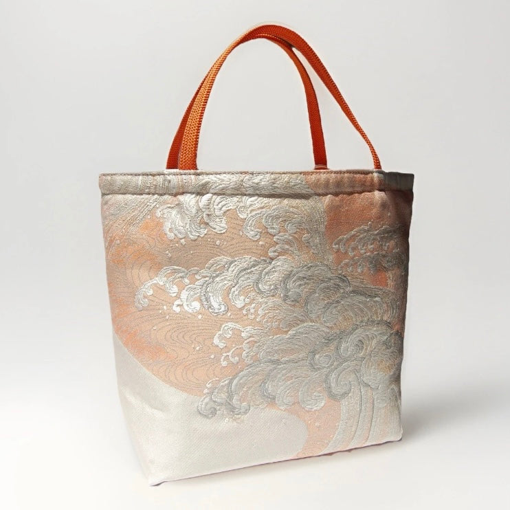 Vintage Fukuro Obi Mini Tote Bag — Silver Standing Wave on Pale Orange Silk