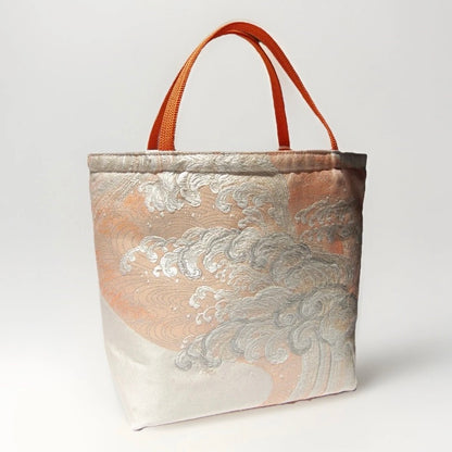 Vintage Fukuro Obi Mini Tote Bag — Silver Standing Wave on Pale Orange Silk