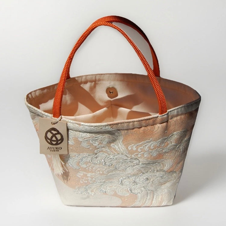 Vintage Fukuro Obi Mini Tote Bag — Silver Standing Wave on Pale Orange Silk