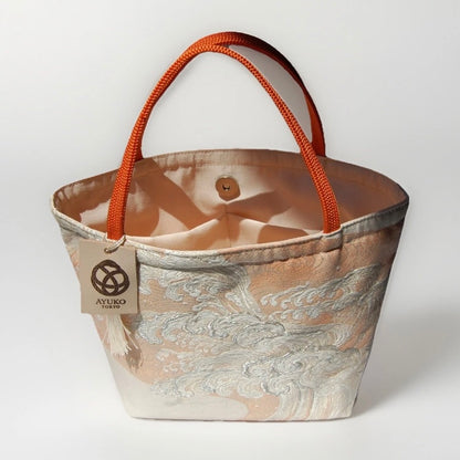 Vintage Fukuro Obi Mini Tote Bag — Silver Standing Wave on Pale Orange Silk