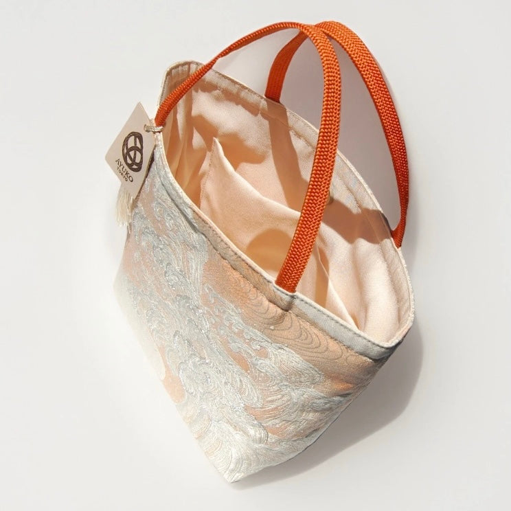 Vintage Fukuro Obi Mini Tote Bag — Silver Standing Wave on Pale Orange Silk