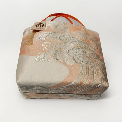 Vintage Fukuro Obi Mini Tote Bag — Silver Standing Wave on Pale Orange Silk