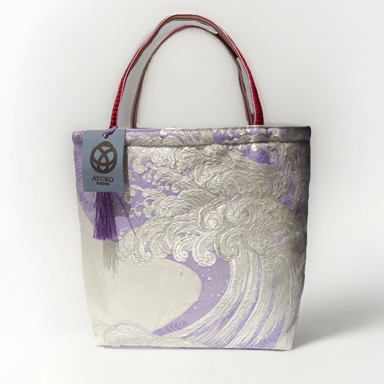 Vintage Fukuro Obi Mini Tote Bag — Silver Standing Wave on Lavender Silk