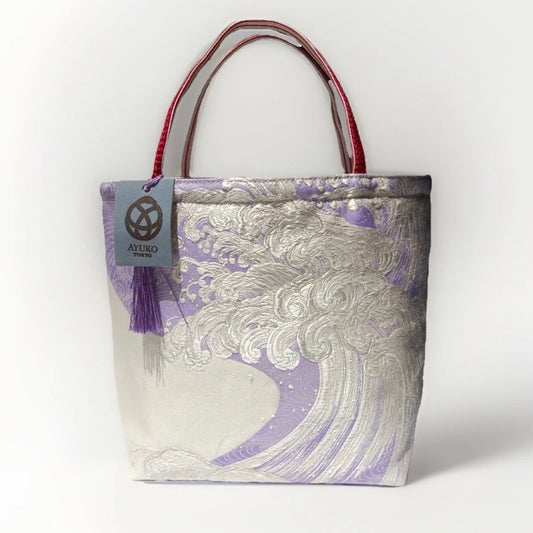 Vintage Fukuro Obi Mini Tote Bag — Silver Standing Wave on Lavender Silk