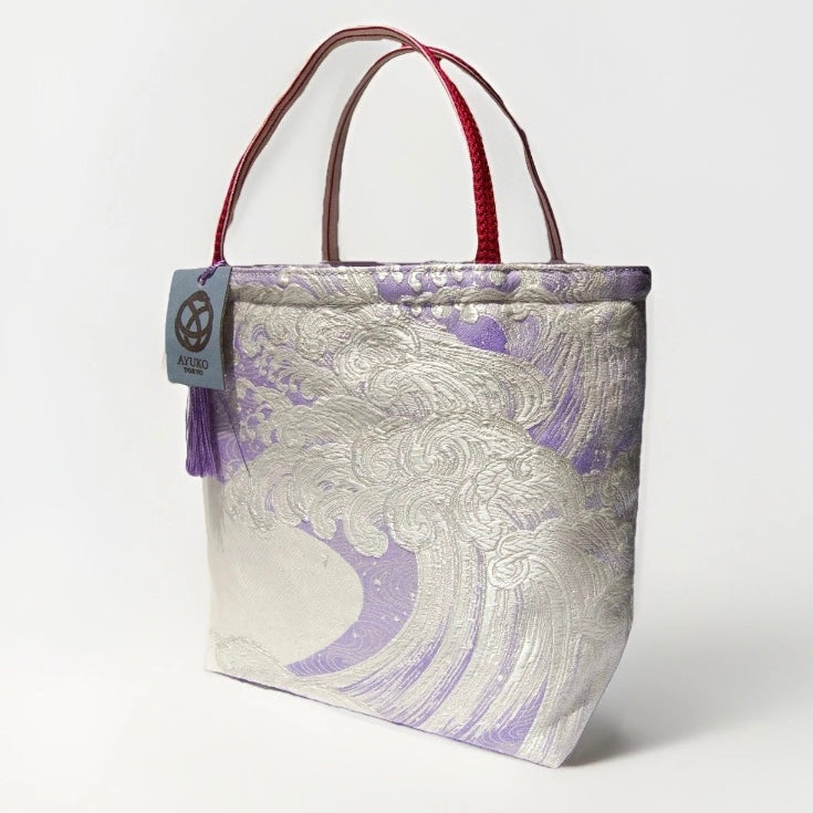Vintage Fukuro Obi Mini Tote Bag — Silver Standing Wave on Lavender Silk