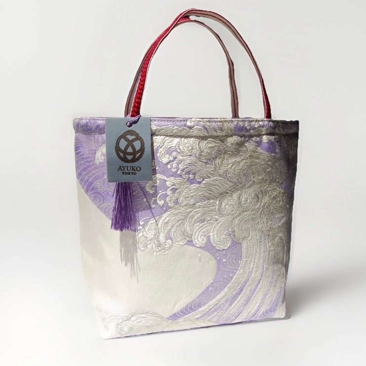 Vintage Fukuro Obi Mini Tote Bag — Silver Standing Wave on Lavender Silk