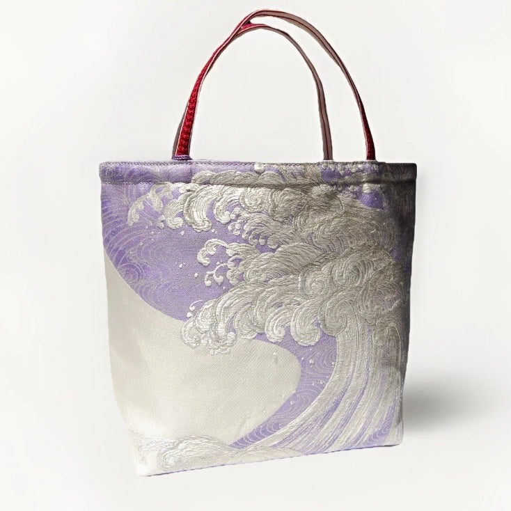 Vintage Fukuro Obi Mini Tote Bag — Silver Standing Wave on Lavender Silk