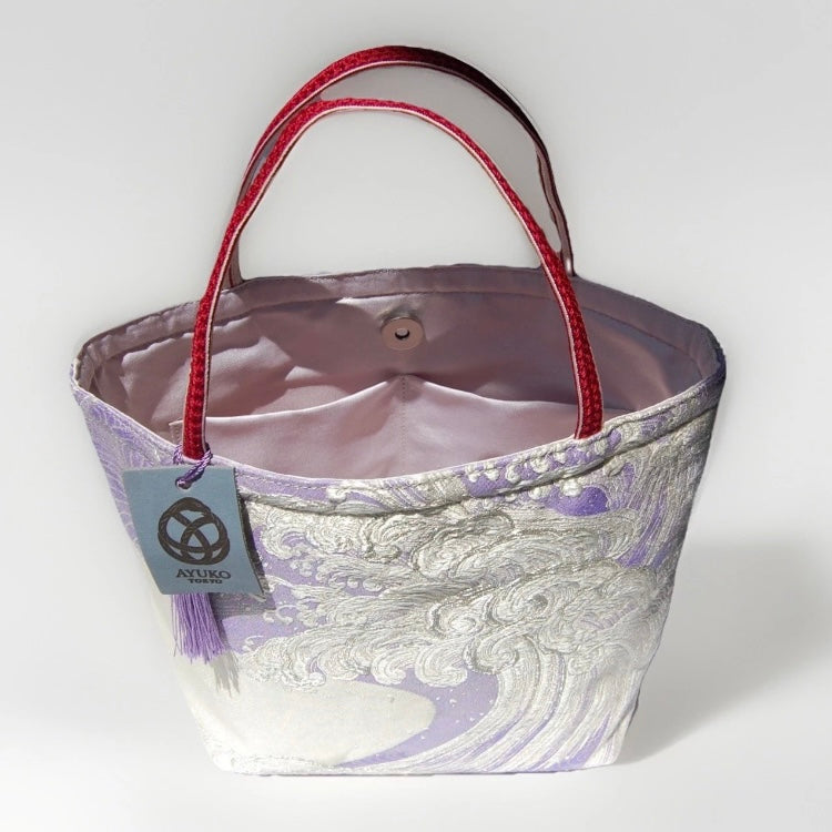 Vintage Fukuro Obi Mini Tote Bag — Silver Standing Wave on Lavender Silk