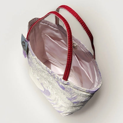 Vintage Fukuro Obi Mini Tote Bag — Silver Standing Wave on Lavender Silk