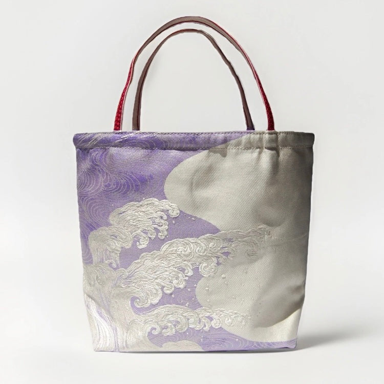 Vintage Fukuro Obi Mini Tote Bag — Silver Standing Wave on Lavender Silk