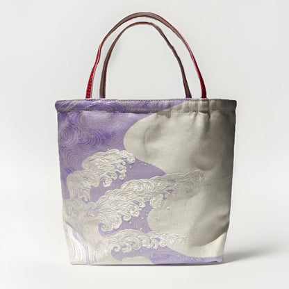 Vintage Fukuro Obi Mini Tote Bag — Silver Standing Wave on Lavender Silk