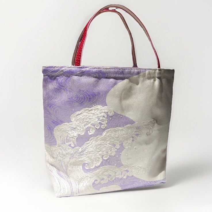 Vintage Fukuro Obi Mini Tote Bag — Silver Standing Wave on Lavender Silk