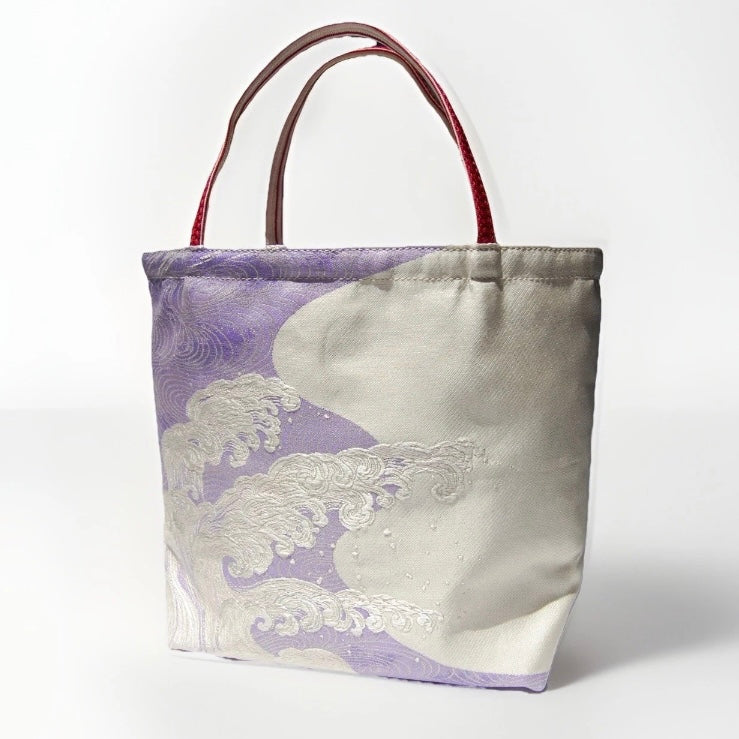 Vintage Fukuro Obi Mini Tote Bag — Silver Standing Wave on Lavender Silk