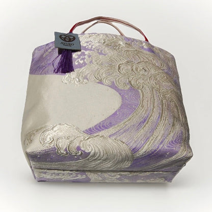 Vintage Fukuro Obi Mini Tote Bag — Silver Standing Wave on Lavender Silk