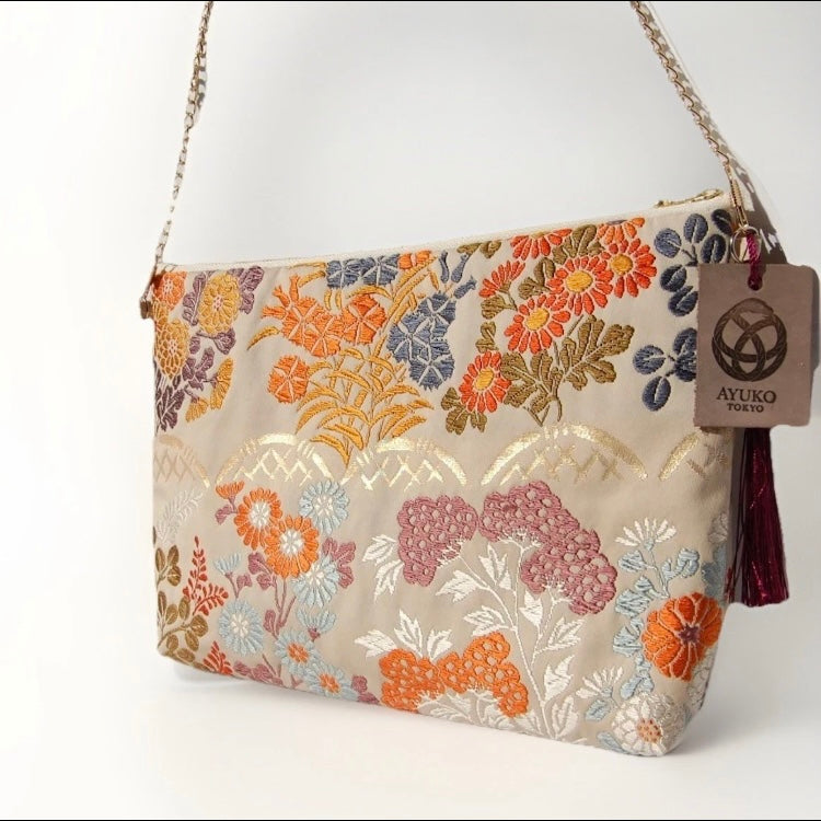 vintage Silk Obi Shoulder Bag — Zipper-Secure Crossbody with Karakusa Floral Motif