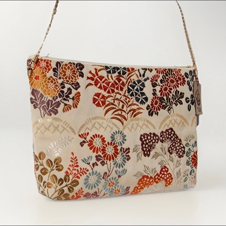vintage Silk Obi Shoulder Bag — Zipper-Secure Crossbody with Karakusa Floral Motif