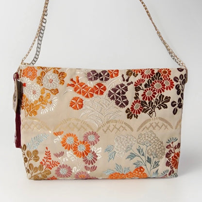vintage Silk Obi Shoulder Bag — Zipper-Secure Crossbody with Karakusa Floral Motif